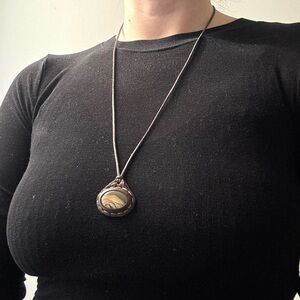 Brown leather and stone pendant necklace